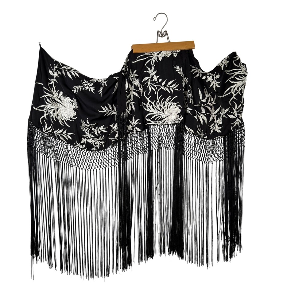 Zara Black Embroidered Fringe Wrap‎ Skirt Sarong Cover Up Women's L NWT - Picture 2 of 7